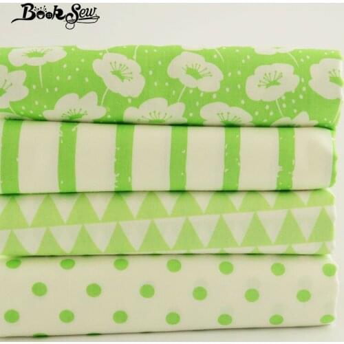 Booksew 100% Cotton Fabric 4pcs Bright Green and White Color Cutting Pieces Bundle Home Textile for DIY Sewing Handmake Doll