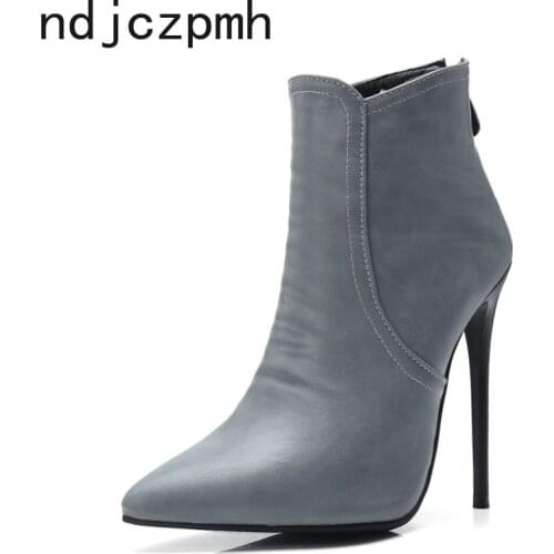 Ankle Boots New Winter Fashion Pointed Fine Heel Zipper Plush High Heel Short Tube Women Shoes Plus Size 34-48 Heel Height 12cm