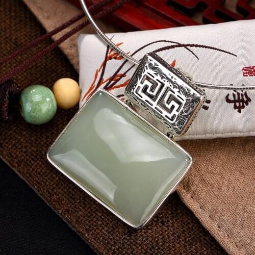 2018 New Arrival Real S925 Sterling And Hetian Jade Inlaid High-end Square Ladys Sweater Chain Pendant Fine Jewels For Gift