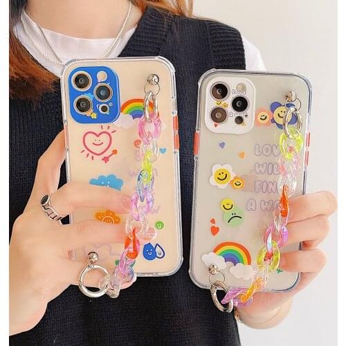 Wrist Chain Case for iPhone 12 Pro Max 7 8 Plus XR XS Max SE 20 Clear Cases Cute Rainbow Smiley Chain Hanging Case for iPhone 11