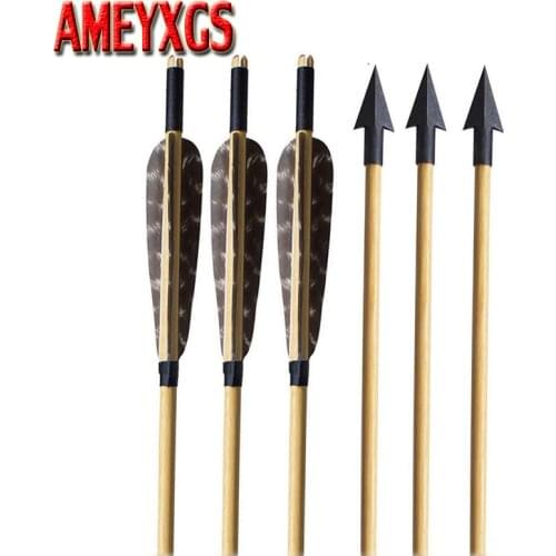 6/9/12pcs Archery Wood Arrow With 5 inch Drop Shape or Shield Shape Turkey Feather for Recurve Bow Longbow Hunting Accessory