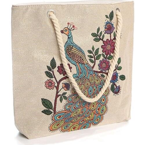 National Style Canvas Handbags High Capacity Bohemian Cloth Bag Embroidered Peacock Womens Shopping Bags Shoulder Bag 2021