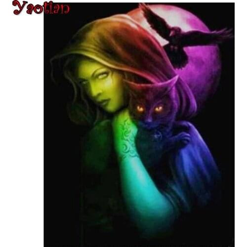 Woman Witch Black Cat 5D Cross Stitch Round Diamond Painting Full square Rhinestone of Picture Diamond mosaic Decoration Home