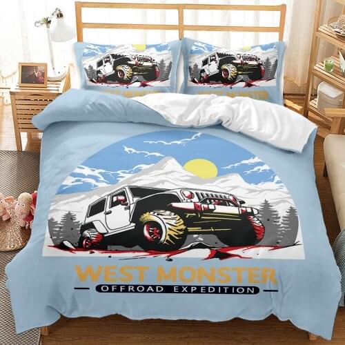 Retro Vintage Car Printed Bedding Set Grey Red Jeep Duvet Cover Bed Quilts For Kids Bedroom Decor Luxury Home Textile