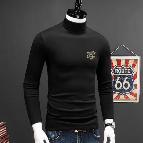 Shark Embroider Long Sleeve T-shirt Men Turtleneck Velvet Warm T Shirt Fashion Stretch Cotton Modal Tshirt Autumn Winter Clothes