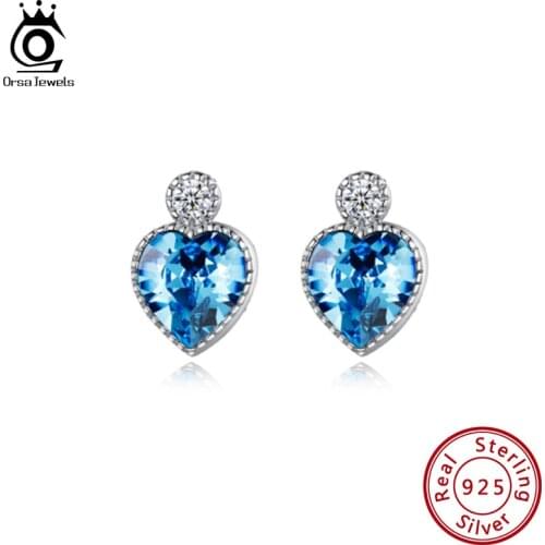 ORSA JEWELS Classic Heart Austria Crystal Stone Stud Earrings for Women Female Fashion Real 925 Sterling Silver Jewelry SWE18