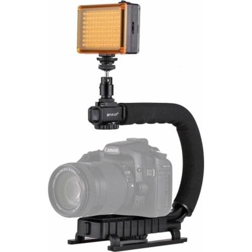 PULUZ U/C Shape Portable Handheld DV Bracket Stabilizer + LED Studio Light Kit with Cold Shoe Tripod Head for All SLR Cameras