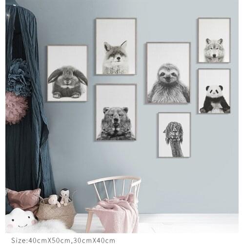 Black White Animal Poster Panda Lion Fox Alpaca Bear Canvas Painting Nursery Wall Art Nordic Baby Picture Kid Room Decor