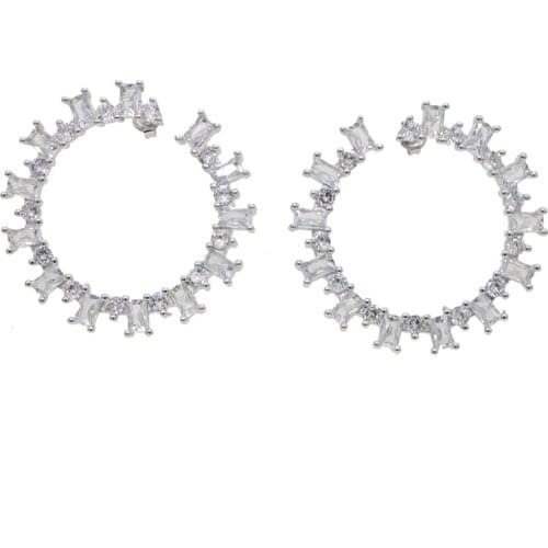 Luxury baguette stone European women jewelry geometric round baguette cz sparking bling bridal gift zirconia hoop earring