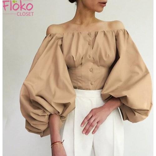 Flokocloset Long Sleeve Lantern Sleeve Shirt Casual Off The Shoulder Elegant Office Lady Women Shirt Backless Tops