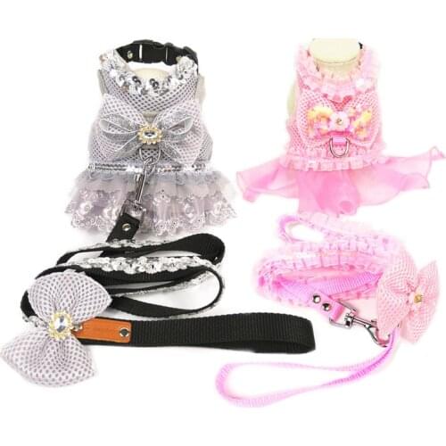 Dog Harness for Small Dogs Luxury Princess Lace Dress Dog Harness and Leash Set Cute Dog Chest Vest Walking Lead Chihuahua 10E