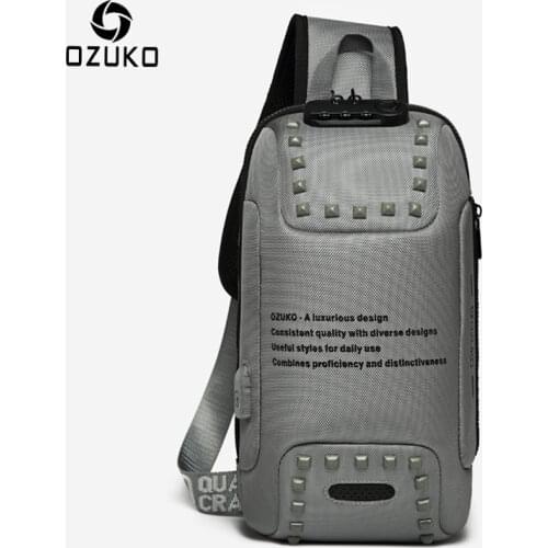 OZUKO Fashion Men Rivet Crossbody Bags Anti-theft Messenger Bag USB Charging Chest Pack Short Trip Water Repellent Shoulder Bag