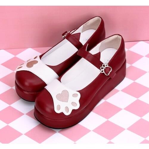 Lolita shoes round toe embroidered cat claw platform Princess Kawaii Girl Women Shoes Vintage Sweet Lolita 4 Colors PU shoes