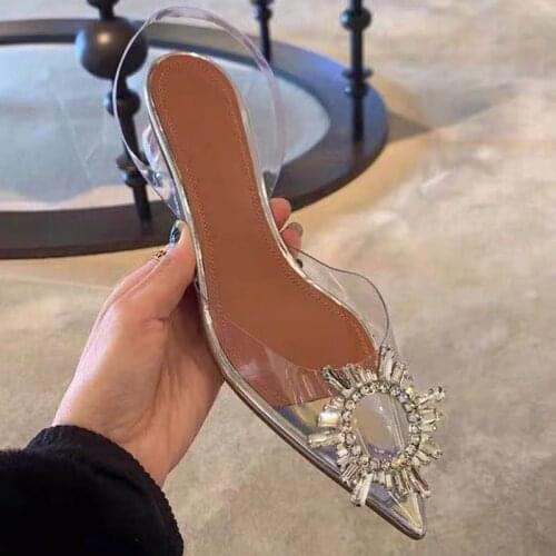 Pointed Toe Shallow Mouth Sun Buckle Rhinestone Chunky Heel Shoes 2021 New One Strap Fairy Shoes Sandals for Women