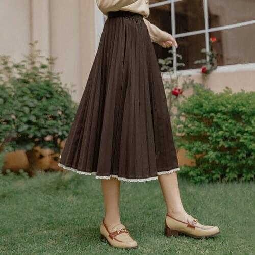 INMAN 2021 Spring New Arrival Retro Art Pleated Lace Hem Mid Length Womens Skirt