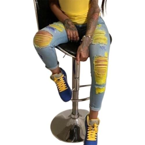 Women Jeans Fashion Button Ripped Yarn Long Skinny Pants Streetwear Trousers Jeans Womens Clothing 2021