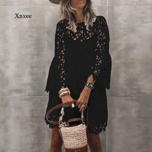 2021 Hollow Out Lace Dress Spring 2 Pieces Set Ladies Flared Sleeve Ruffle Women O-Neck Elegant White Female Casual Dress Outfit