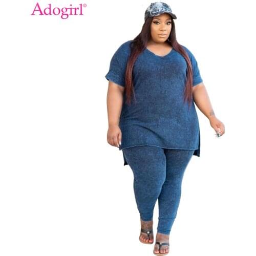 Adogirl Casual Plus Size XL-5XL Women Two Piece Set O Neck Short Sleeve Side Split Long Pullover Pencil Pants Loose Tracksuit