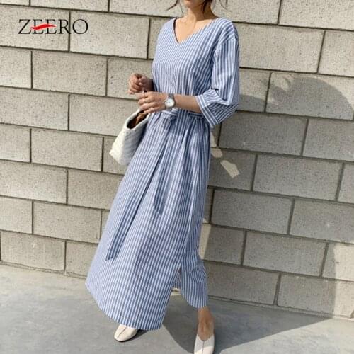 2020 Korean Autumn Women Dress Loose Lace Up Casual V-neck Three Quarter Sleeve Striped Split Cotton and Linen Long Dresses