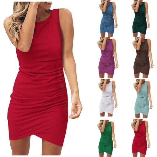 Fashion Women Dress Robe Summer Solid 18 Colors Comfy O-Neck Sleeveless Cold Shoulder Ladies Casual Sheath Tank Mini Dress