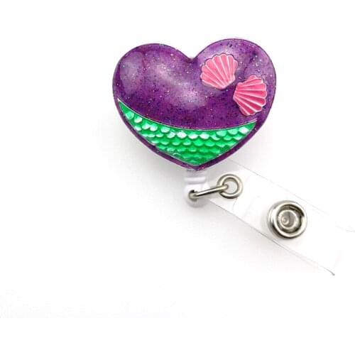 10pcs/lot Purple Enamel Heart Retractable ID Badge Holder Rhinestone Marine Shell Badge Reel