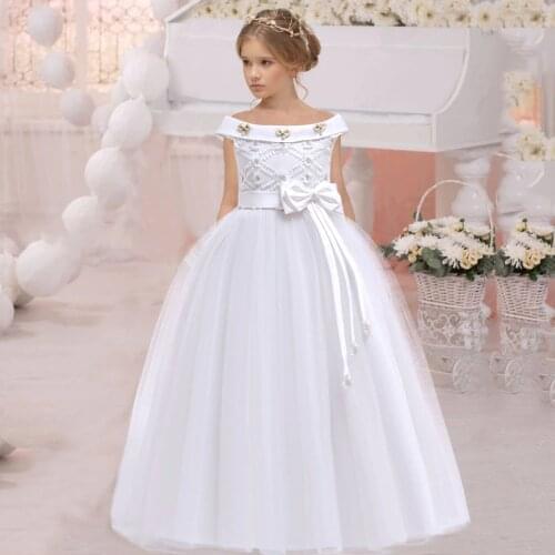 2021 Summer White One Shoulder Long Bridesmaid Dress Girl Bow Gown Kids Dresses For Girls Children Princess Party Wedding Dress