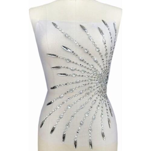 FINE 25x47cm Crystal Beaded Sew on Sequin Applique Desinger Patches For Wedding Evening Dress Decoration Rhinestone Sewing Diy