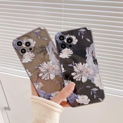 Retro Splash ink Line flowers painting Korean Phone Case For iPhone 11 12 Pro Max Xs Max XR Xs 7 8 Plus X 7Plus case Cute Cover