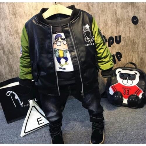 Baby childrens color matching leather jacket + round neck sweater + straight jeans fashion suit three-piece suit