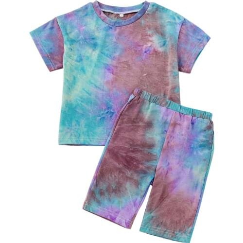Childrens Clothing Kids Casual Two-piece Clothes Set Tie-dyed Printed Pattern T-shirt and Elastic Waist Shorts 2021 New Fashion