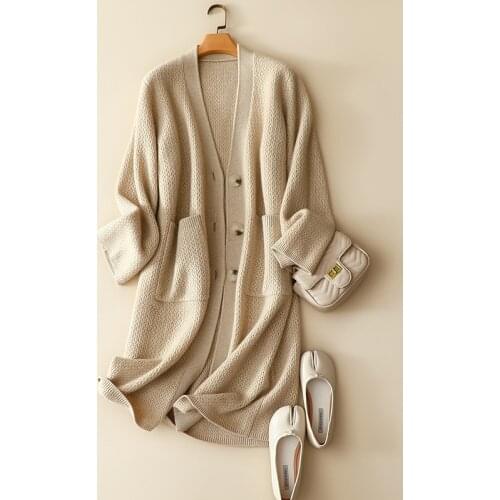 High-end 100% cashmere cardigan long v neck buttons sweater women luxury winter fashion outerwear knitted pocket stylish coats