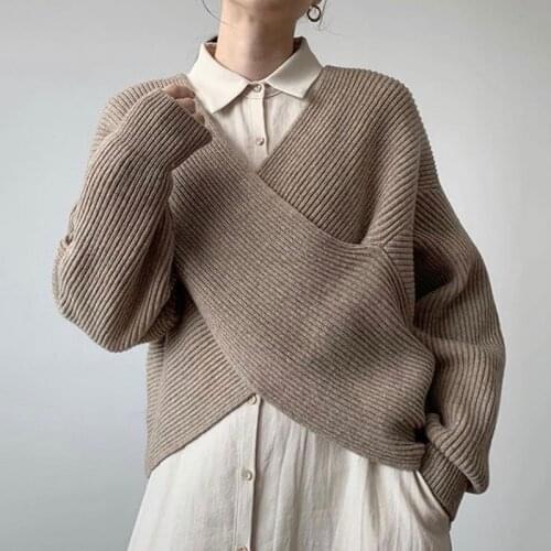 Korean V-neck Criss-cross Sweater Women Apricot Khaki Gray Knitwear Autumn 2021 Loose Casual Batwing Sleeve Knit Pullover Tops