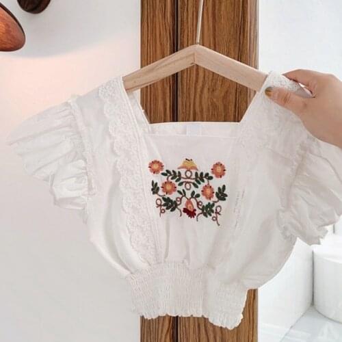 Summer Baby Girls Shirt Embroidery Lace Ruffles Short Sleeve Blouse Sleeve Sweet Cute Party Kid Children Top