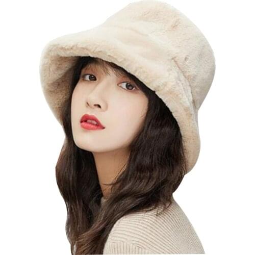 Fashion Autumn Winter Fisherman Faux Fur Bucket Hat Fox Rabbit Solid Thickened Soft Warm Fishing Cap Outdoor Vacation Girl Hat