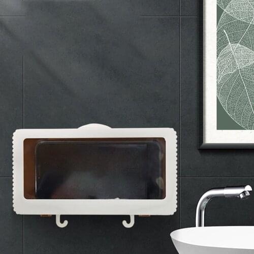 Wall Mount Shower Cell Phone Holder Toilet Case Mount Shelf Anti-Fog Punch-Free Touchable Screen Storage Box for Under 6.8 Inch