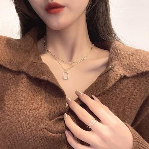 2021 New Korean Fashion Trend Simple Double-layer Necklaces for Women Niche Design Sense Stacking Square Pendant Clavicle Chain