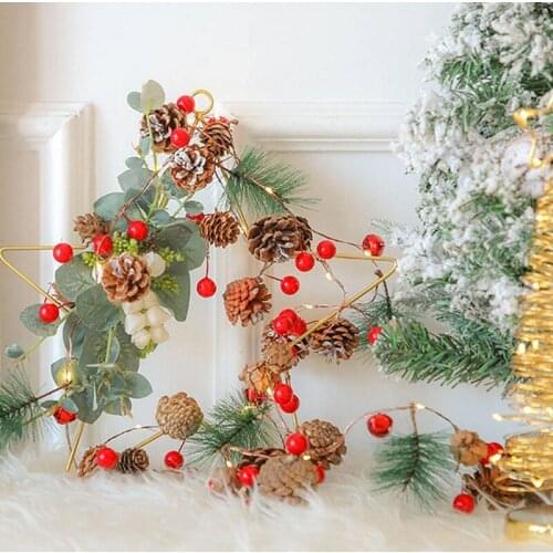 20 LED Christmas String Lights, 7 ft Pinecone Red Berry Bell Xmas Garland with Lights Battery Operated Fairy String Light