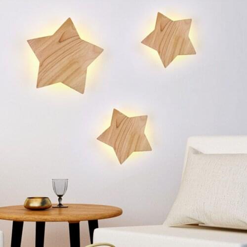 Nordic Solid Wooden LED Wall Lamp Five-Pointed Star Bedside Wall Night Light Bedroom Aisle Corridor Hotel Wall Light