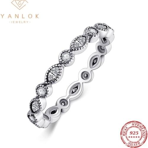 YANLOK Vintage Stackable Ring 100% 925 Sterling Silver Rhombus Crystal Dazzling Finger Rings For Women Girls Fine Jewelry Anel