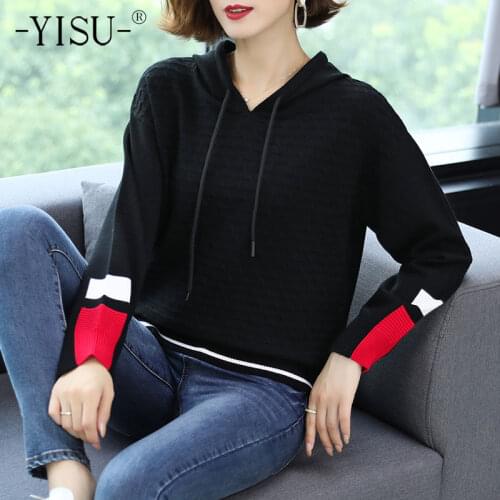 YISU 2021 New Spring Women Sweater Hooded collar Fashion Knitted pullove Long sleeve Fashion stripe Female Casual Loose Jumper