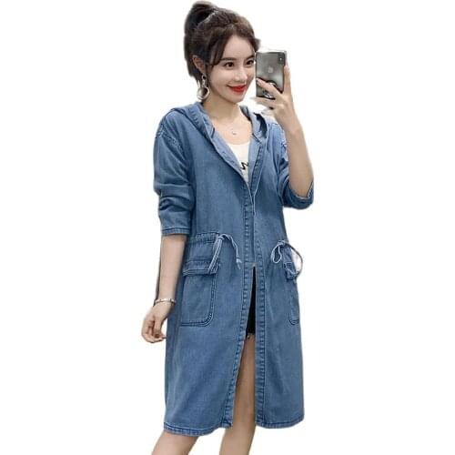 Oversize Casual Cowboy Trench Coat For Women Loose Outwear Hooded Long Denim Windbreaker Coats With Drawstring Female Denim Coat