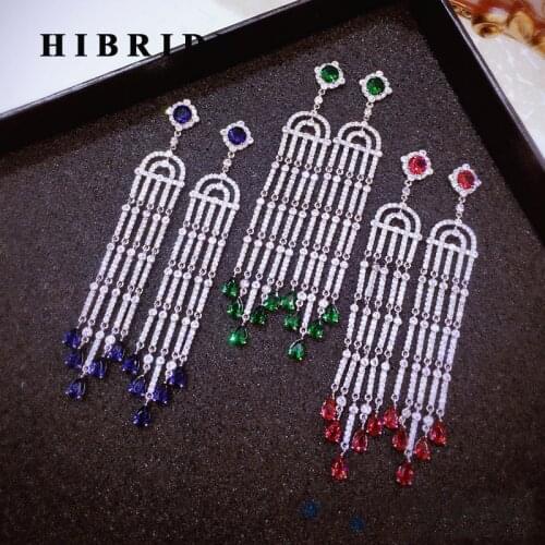 HIBRIDE European Style Red Blue Green Water Drop Cubic Zircon Women Bridal Long Tassel Earring Brincos Bijoux For Gifts E-517