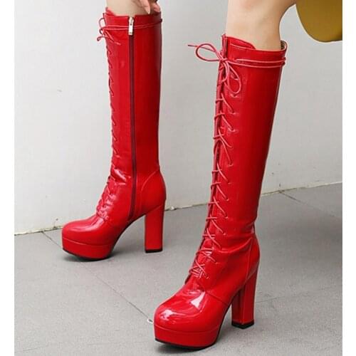Fashion Womens High Knee Boots Platform Winter Shoes Woman Sexy Lace Up Red White Heels Party Shoes Girls Boots Large Size 48
