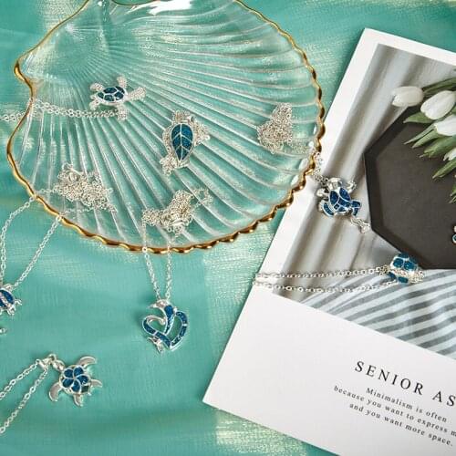 Fashion Blue Opal Sea Turtle Pendant Necklaces For Women Female Animal Wedding Statement Chain Necklace Ocean Beach Jewelr