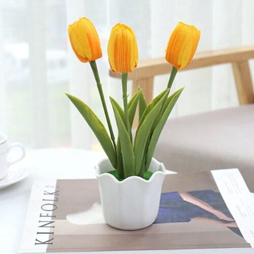 3 Heads Artificial Fake Tulip Flower With Pot For House Garden Wedding Decor Yellow Red White Pink Home Decoration