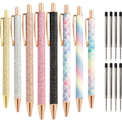 8 Pcs Glitter Ballpoint Pens Rose Gold Click Ballpoint Pen Metal Glitter Pen Retractable Black Ink Medium Point Pens