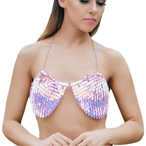 Body Chain Bra Jewelry for Women - Halter Backless Sequins Top Chain Bra Bikini