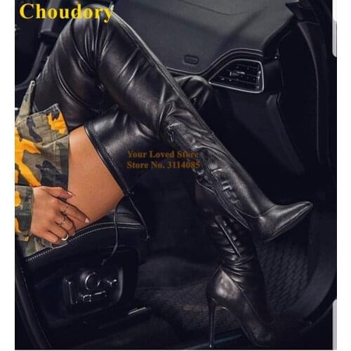 Choudory Slim Fit Black Thigh High Boots Pointed Toe Thin High Heel Dress Boots Fall Winter Ooutdoor Shoes Plus Size46 Dropship