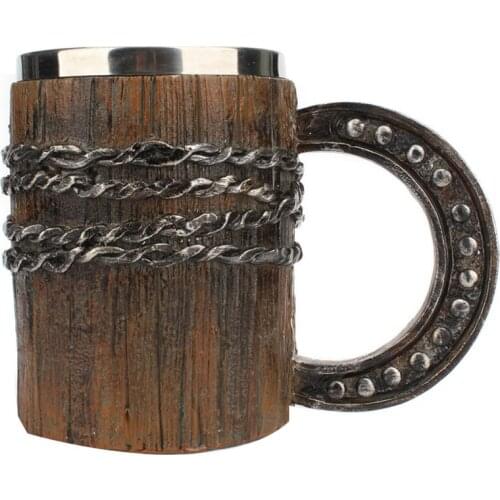 Simulation Wooden Beer Mug Horseshoe Handle Mug Resin Large-Capacity Double-Layer Water Cup