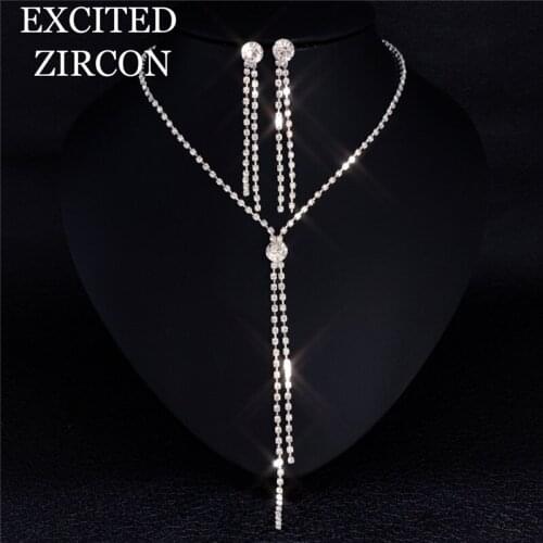 Elegant and stylish rhinestone crystal water drop long woman necklace earring set wedding bride bridesmaid silver jewelry